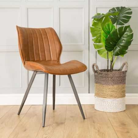 Set of Two Tan, Grey Leather Dining Chairs Industrial Furniture Smithers of Stamford £440.00 Store UK, US, EU, AE,BE,CA,DK,FR...